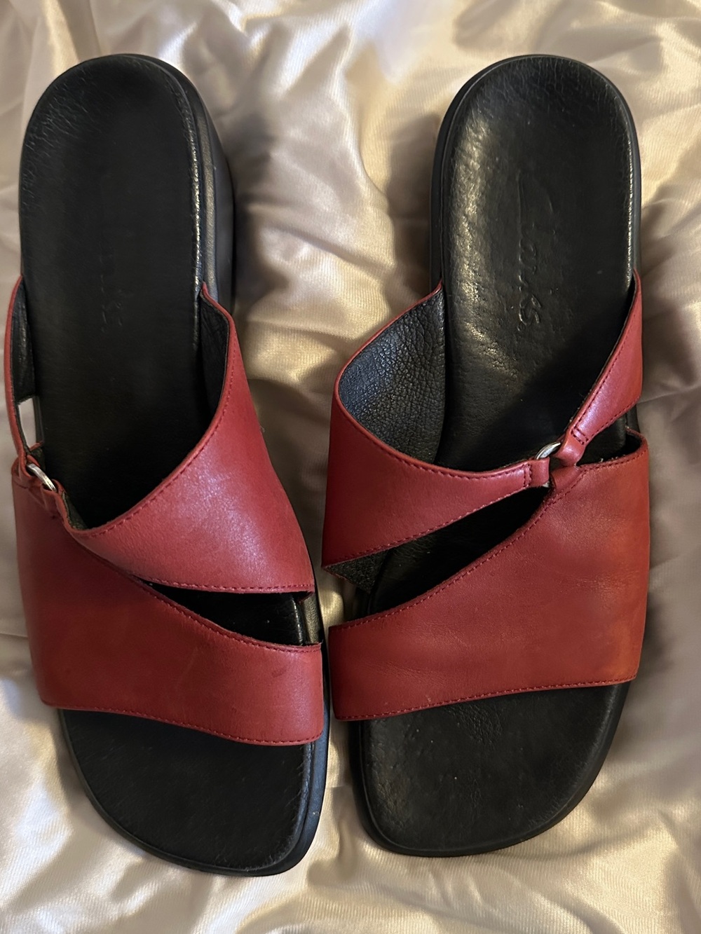 Clarks Women's Red Leather Crossover Slide Sandals